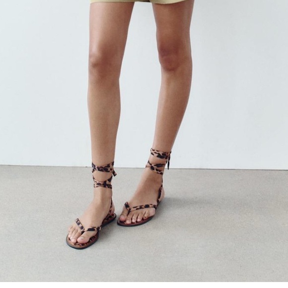 Zara Brown Leopard Print Sandals - Picture 1 of 6